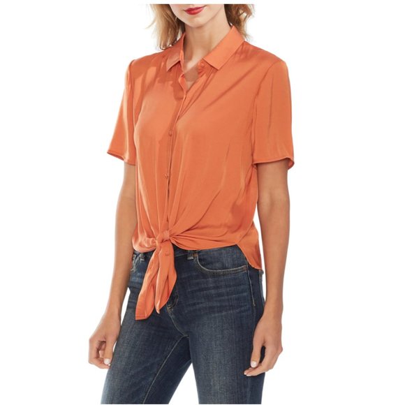 VINCE CAMUTO Tie Front Rumple Satin Blouse - Picture 2 of 4